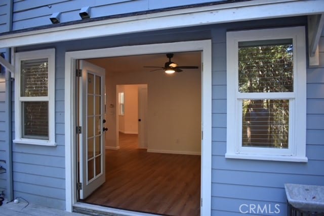 property entrance with ceiling fan