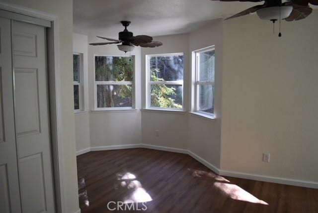 spare room featuring ceiling fan and dark hardwood / wood-style flooring