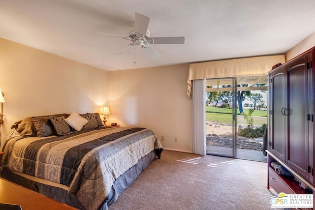 bedroom with light carpet, access to outside, and ceiling fan