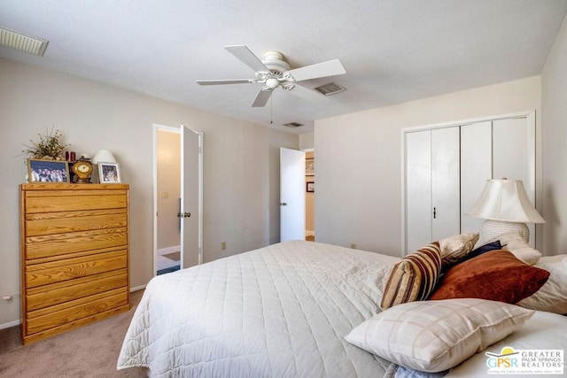 bedroom with light carpet, a closet, and ceiling fan