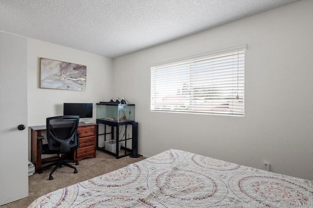 carpeted bedroom with a textured ceiling