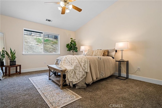 carpeted bedroom featuring ceiling fan and lofted ceiling