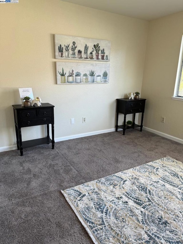 bedroom with dark colored carpet