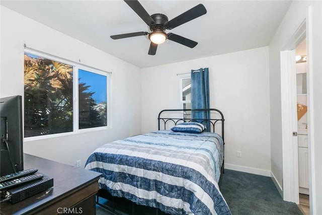 carpeted bedroom with ceiling fan