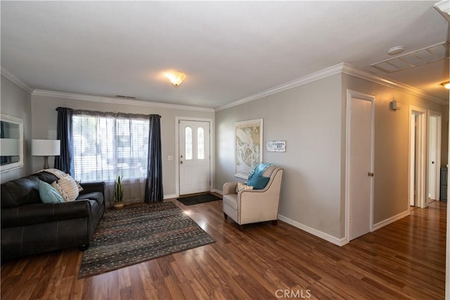 living room with dark hardwood / wood-style flooring and ornamental molding