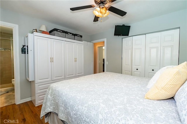 bedroom with dark hardwood / wood-style floors, ceiling fan, and connected bathroom