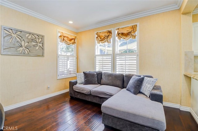 living room with dark hardwood / wood-style flooring and ornamental molding