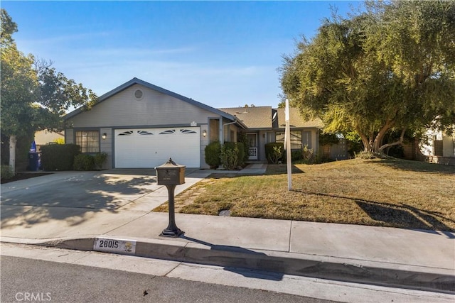 single story home featuring a garage and a front lawn