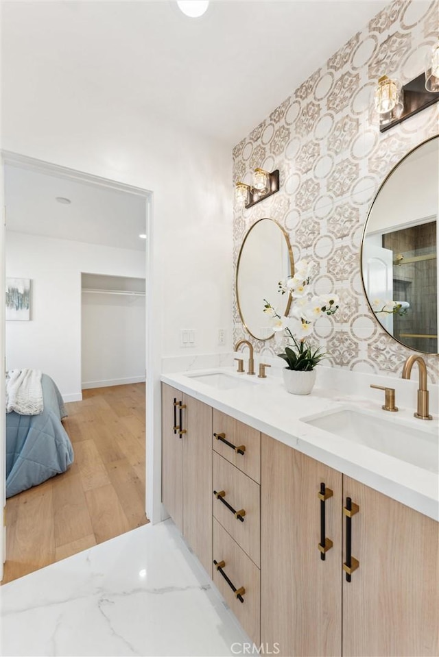 bathroom with hardwood / wood-style floors and vanity