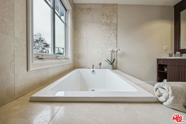 bathroom with vanity, a healthy amount of sunlight, and a tub