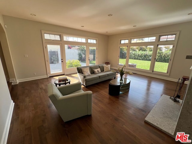 living room with dark hardwood / wood-style floors