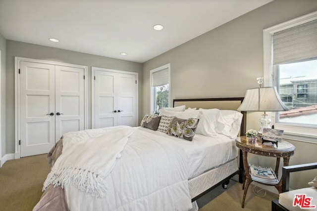 carpeted bedroom featuring multiple closets