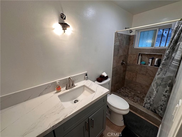 full bath featuring tiled shower, vanity, and toilet