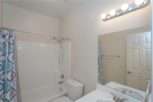 full bathroom featuring toilet, shower / bath combination with curtain, and vanity