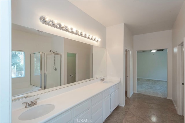 bathroom with vanity, shower with separate bathtub, and tile patterned flooring