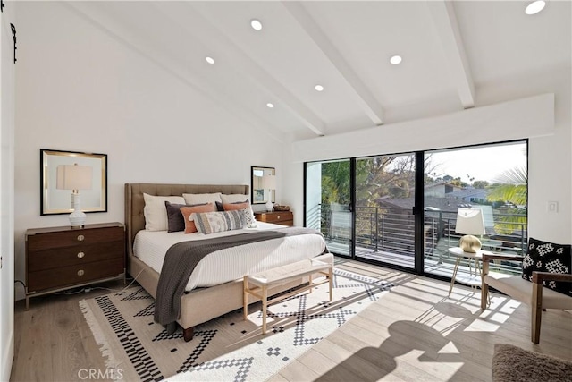 bedroom featuring beamed ceiling, high vaulted ceiling, light hardwood / wood-style flooring, and access to outside