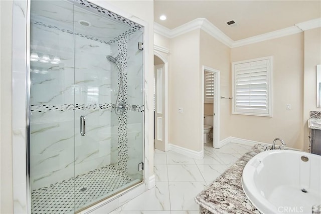 full bathroom featuring vanity, toilet, ornamental molding, and independent shower and bath