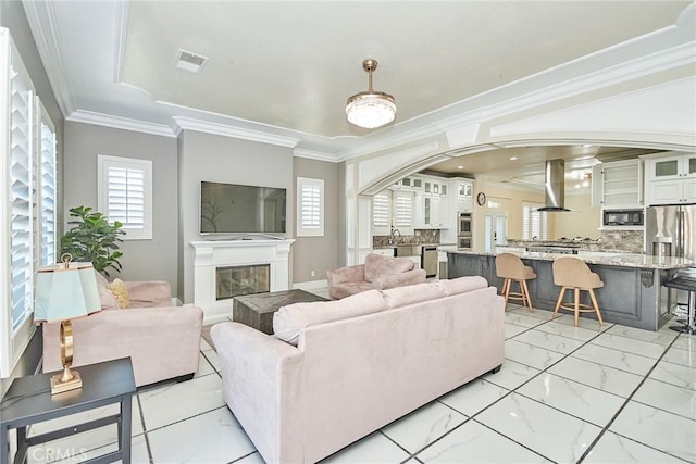 living room with ornamental molding and sink