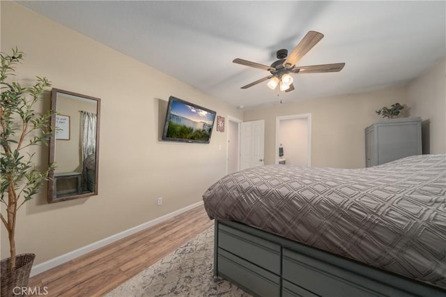 bedroom with light hardwood / wood-style floors and ceiling fan