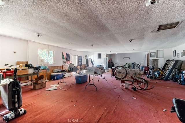 miscellaneous room with a textured ceiling and carpet flooring