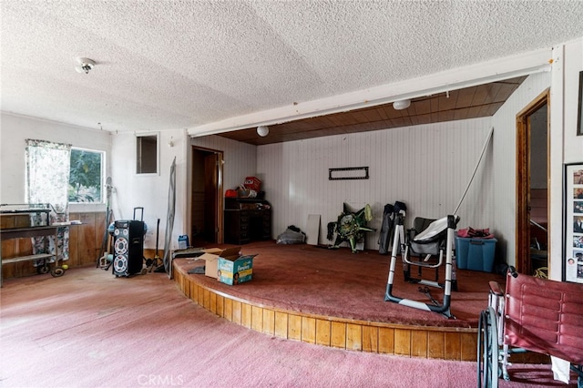 workout area with carpet flooring, wood walls, and a textured ceiling