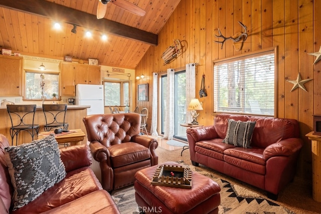 living room with wood ceiling, ceiling fan, wooden walls, beam ceiling, and high vaulted ceiling