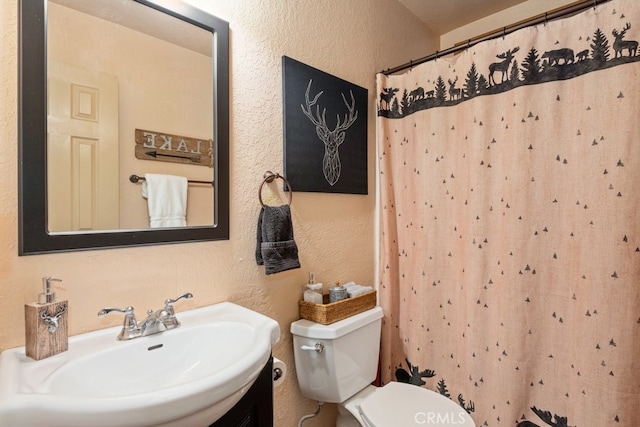 bathroom featuring toilet, curtained shower, and sink