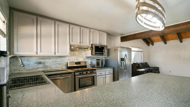 kitchen with decorative backsplash, vaulted ceiling with beams, stainless steel appliances, and sink