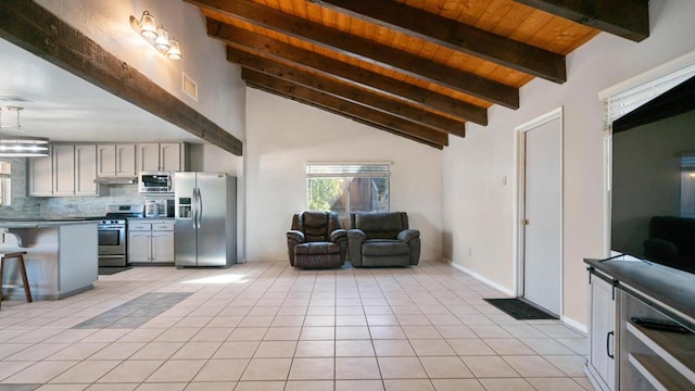 tiled living room featuring beam ceiling, wooden ceiling, and high vaulted ceiling