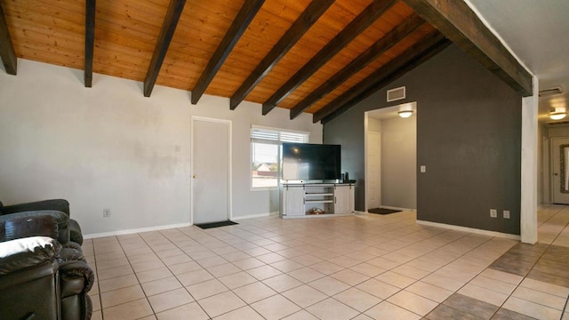 unfurnished living room featuring light tile patterned floors, vaulted ceiling with beams, and wooden ceiling