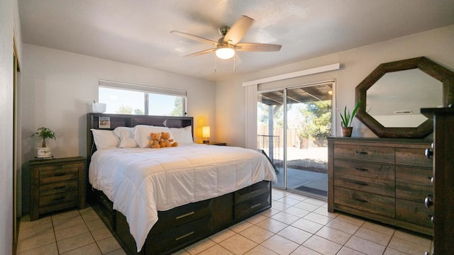 tiled bedroom with access to exterior and ceiling fan