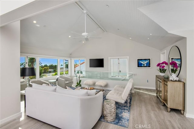 738 Cliff Dr, Laguna Beach, CA 92651 - living area with baseboards, wood finished floors, a ceiling fan, high vaulted ceiling, and recessed lighting