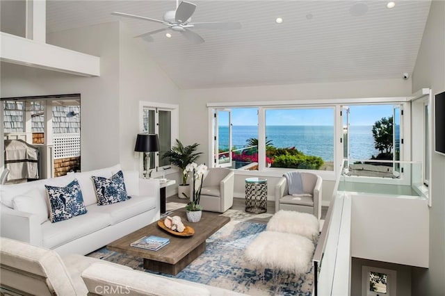 738 Cliff Dr, Laguna Beach, CA 92651 - living area featuring vaulted ceiling, ceiling fan, and wood finished floors