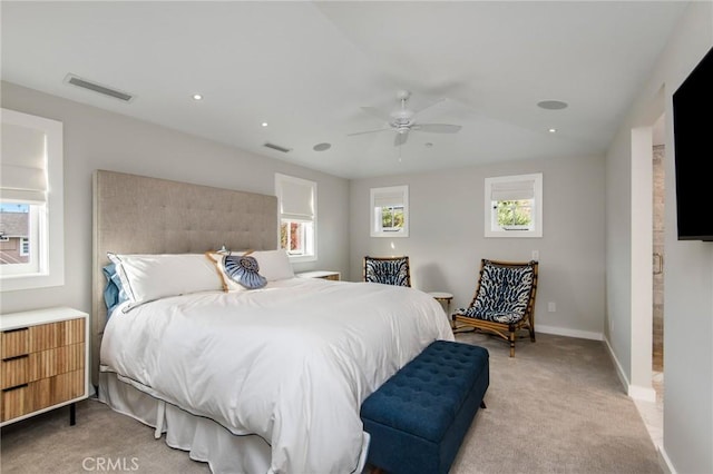 738 Cliff Dr, Laguna Beach, CA 92651 - bedroom featuring light carpet, baseboards, a ceiling fan, and recessed lighting