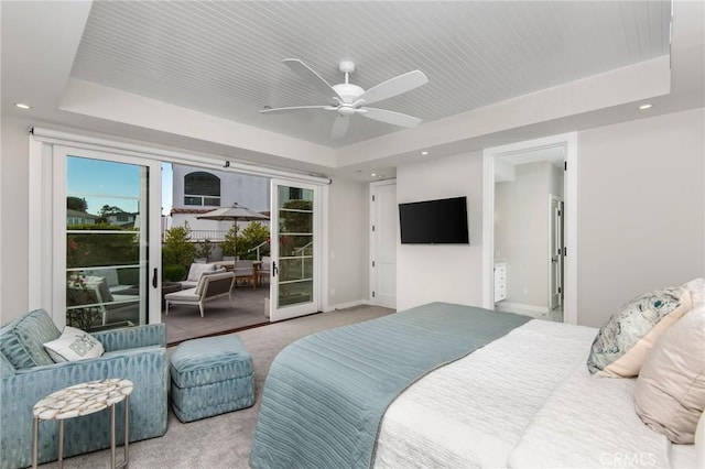 738 Cliff Dr, Laguna Beach, CA 92651 - carpeted bedroom with access to exterior, a raised ceiling, recessed lighting, a ceiling fan, and baseboards