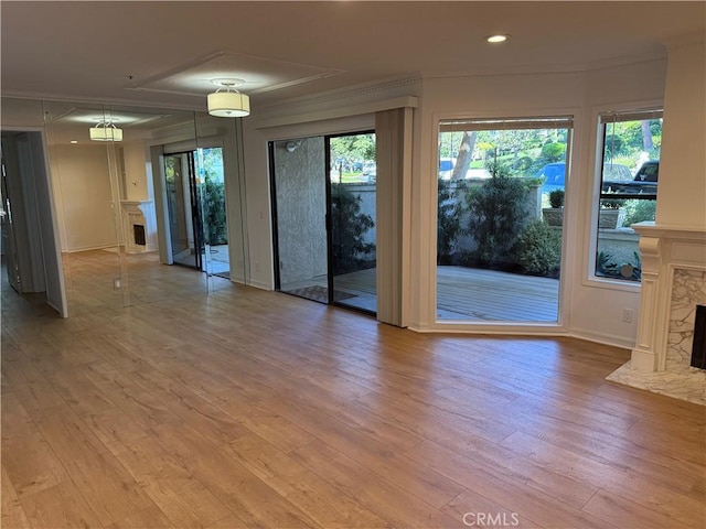 empty room with light hardwood / wood-style floors, crown molding, and a fireplace