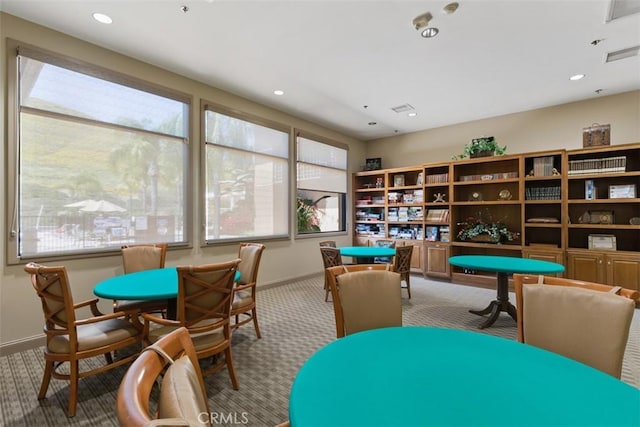 recreation room with visible vents, recessed lighting, baseboards, and carpet floors