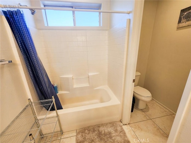 bathroom with shower / bathtub combination with curtain, tile patterned flooring, and toilet