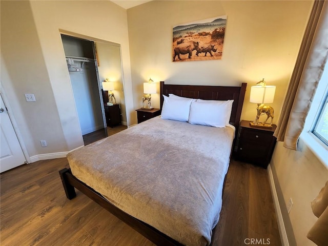 bedroom featuring dark hardwood / wood-style flooring and a closet