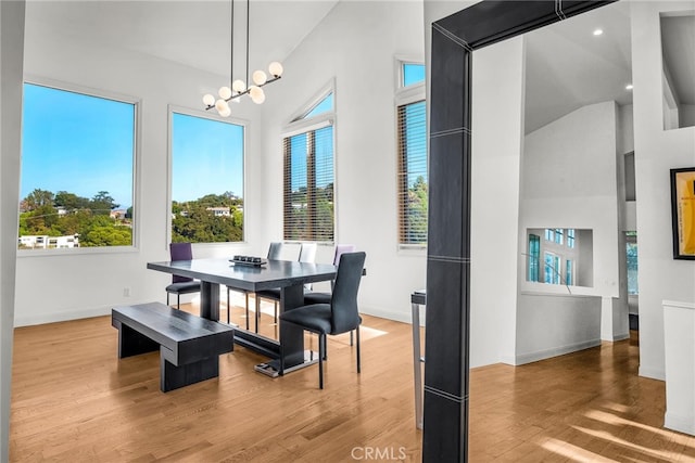 dining room with high vaulted ceiling and light hardwood / wood-style flooring