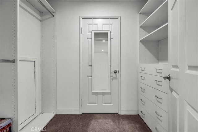 spacious closet featuring dark colored carpet