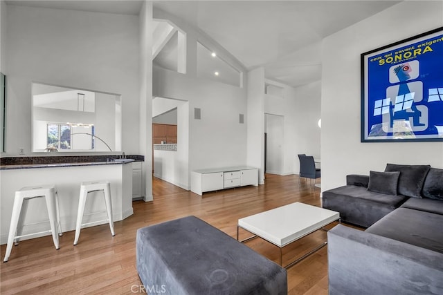 living room featuring light hardwood / wood-style floors and high vaulted ceiling