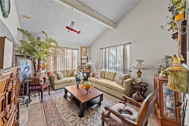 living room featuring beam ceiling, light carpet, a textured ceiling, and high vaulted ceiling