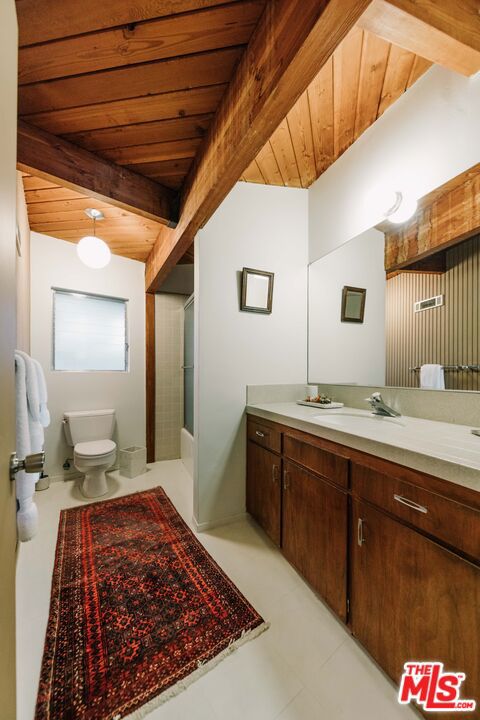 full bathroom featuring beam ceiling, wooden ceiling, toilet, shower / washtub combination, and vanity