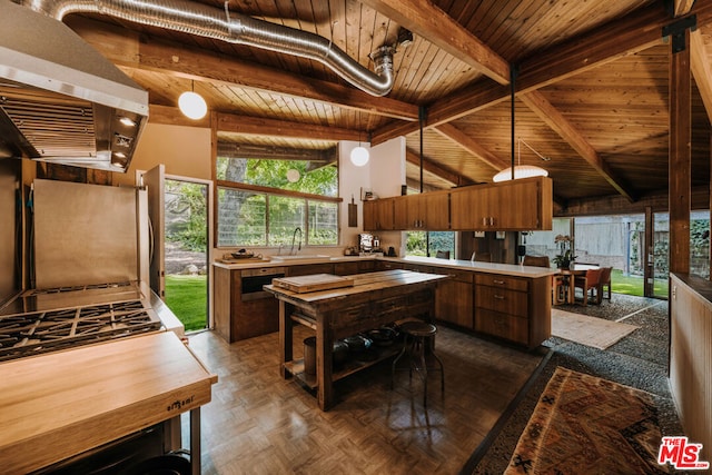 kitchen with dark parquet floors, beamed ceiling, and wooden ceiling