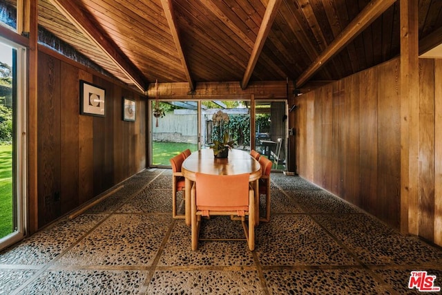 dining space featuring wooden walls, plenty of natural light, and wooden ceiling