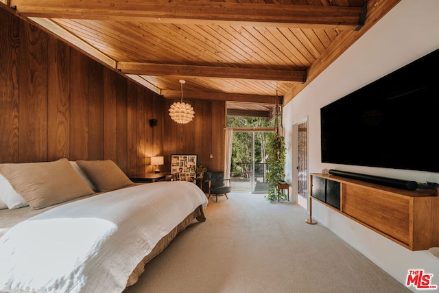 carpeted bedroom with beam ceiling, access to exterior, wooden ceiling, and wooden walls