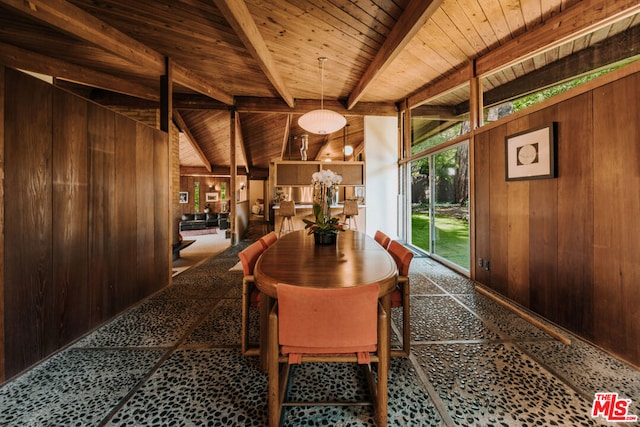 dining space with wood ceiling, wood walls, and lofted ceiling with beams