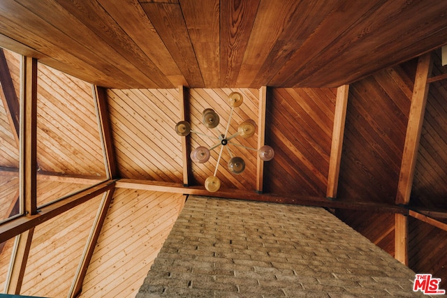 interior details featuring wooden ceiling and wooden walls