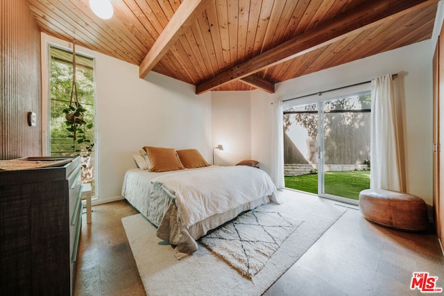 bedroom with access to exterior, lofted ceiling with beams, and wood ceiling